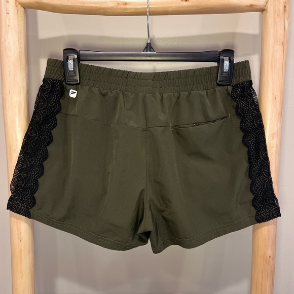 ✨FABLETICS XS black laced trim Army Green athletic shorts back pocket velcro - Picture 4 of 13
